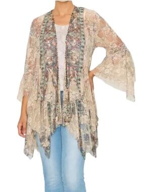 Origami lace kimono open cardigan Floral Lace Waterfall Pastel BlueCream beige